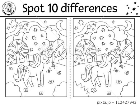 Unicorn black and white find differences game for children. Fairytale line activity with horse with horn, magic forest. Cute coloring page puzzle for kids with funny fantasy character Unicorn black and white find differences game for children. Fairytale line activity with horse with horn, magic forest. Cute coloring page puzzle for kids with funny fantasy character 112427942