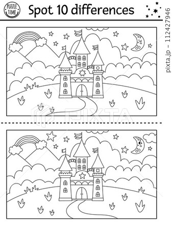 Unicorn black and white find differences game for children. Fairytale line activity with castle, rainbow, magic kingdom, night landscape. Cute coloring puzzle for kids with funny fantasy character Unicorn black and white find differences game for children. Fairytale line activity with castle, rainbow, magic kingdom, night landscape. Cute coloring puzzle for kids with funny fantasy character 112427946