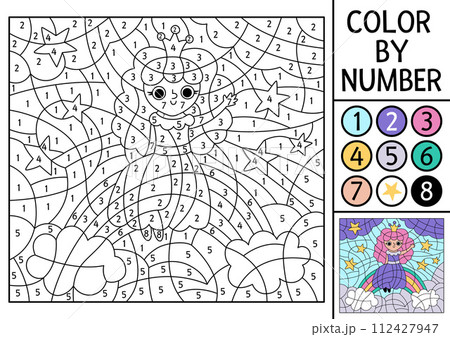 Vector Unicorn themed color by number activity with fairy sitting on the rainbow. Fairytale landscape scene. Black and white counting game with cute little princess. Magic coloring page for kids Vector Unicorn themed color by number activity with fairy sitting on the rainbow. Fairytale landscape scene. Black and white counting game with cute little princess. Magic coloring page for kids 112427947