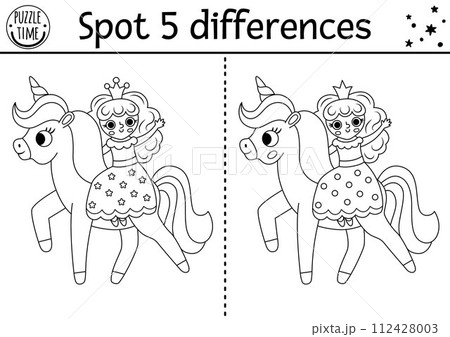 Unicorn black and white find differences game for children. Fairytale activity with fairy girl riding horse. Cute puzzle for kids with fantasy character. Printable worksheet or coloring page Unicorn black and white find differences game for children. Fairytale activity with fairy girl riding horse. Cute puzzle for kids with fantasy character. Printable worksheet or coloring page 112428003