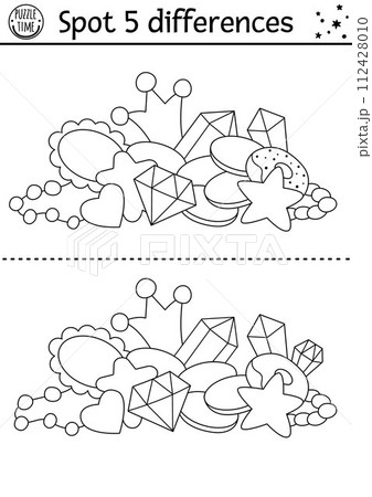 Find differences black and white game for children with unicorn treasures. Fairytale line activity with crystals heap with crown. Cute coloring page puzzle for kids with funny fantasy characters Find differences black and white game for children with unicorn treasures. Fairytale line activity with crystals heap with crown. Cute coloring page puzzle for kids with funny fantasy characters 112428010