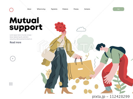 Mutual Support: Pick up fallen item -modern flat vector concept illustration of man collecting fruits that fell from woman's bag A metaphor of voluntary, collaborative exchanges of resource, services Mutual Support: Pick up fallen item -modern flat vector concept illustration of man collecting fruits that fell from woman's bag A metaphor of voluntary, collaborative exchanges of resource, services 112428299