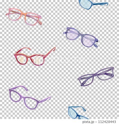 Seamless pattern of six pairs of watercolor hand drawn pink, violet, blue eyeglasses Seamless pattern of six pairs of watercolor hand drawn pink, violet, blue eyeglasses 112428443