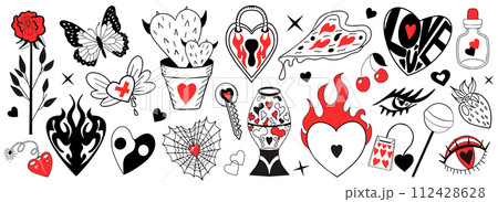 Valentine's Day set of elements. Love modern collection hand drawing with burning heart, flower, rose.Y2k 2000s cute emo goth aesthetic stickers tattoo. Vector illustration 112428628