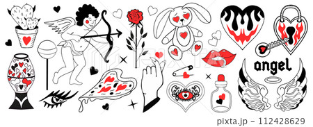 Valentine's Day set of elements. Love modern collection hand drawing with burning heart, flower, rose.Y2k 2000s cute emo goth aesthetic stickers tattoo. Vector illustration 112428629