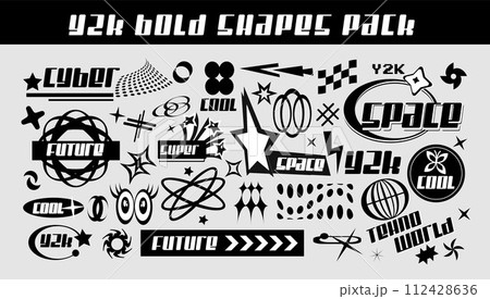 Y2K Elements Set. Y2k icon. Retro Futurist modern shapes for Posters Template, flyers, clothes, social media, graphic design, sticker. Futuristic, Anti-design, techno, future. Vector illustration 112428636