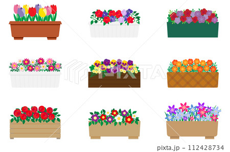 プランターに入った赤や紫の可愛い花のイラストセット 112428734