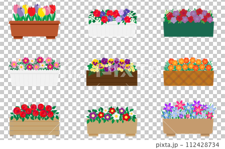 プランターに入った赤や紫の可愛い花のイラストセット 112428734