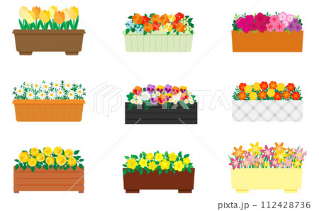 プランターに入った黄色系の可愛い花のイラストセット プランターに入った黄色系の可愛い花のイラストセット 112428736