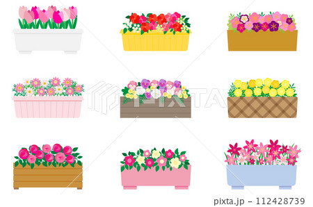 プランターに入ったピンク系の可愛い花のイラストセット プランターに入ったピンク系の可愛い花のイラストセット 112428739
