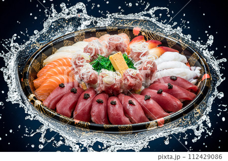 sushi platter with salmon, tuna, squid, octopus and others sushi platter with salmon, tuna, squid, octopus and others 112429086