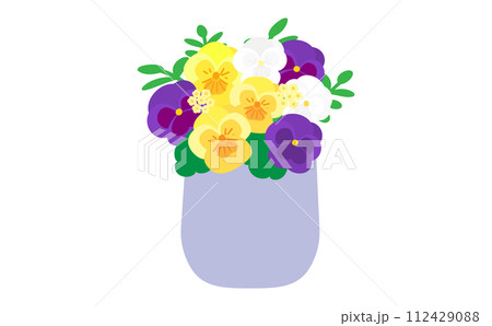 花瓶に入った黄色と紫と白のパンジー 112429088