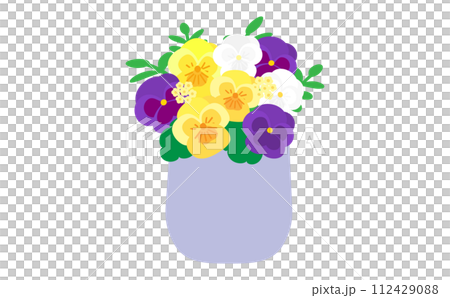 花瓶に入った黄色と紫と白のパンジー 112429088