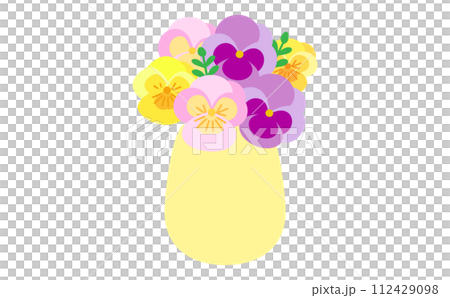 Yellow, purple and pink pansies in a vase 112429098