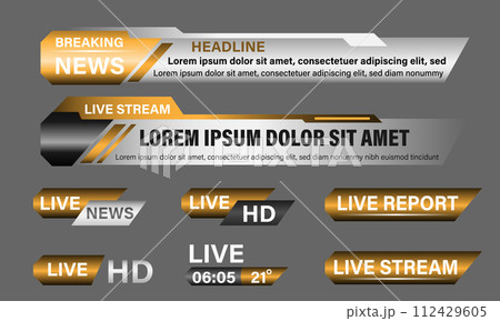 Broadcast News Lower Thirds Template layout gold grey set collection design banner for bar Headline news title, sport game in Television, Video and Media Channel vector 112429605