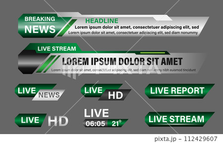 Broadcast News Lower Thirds Template layout green grey set collection design banner for bar Headline news title, sport game in Television, Video and Media Channel vector 112429607