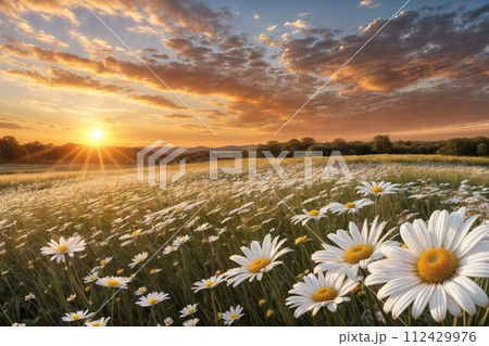 夕日に照らされる白い花の花畑の風景の背景画像 112429976