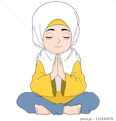 cartoon doodle illustration of people carrying out religious activities, a Muslim girl wearing a hijab is giving a friendly greeting cartoon doodle illustration of people carrying out religious activities, a Muslim girl wearing a hijab is giving a friendly greeting 112430076