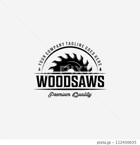 Wood saws Vintage Logo with Wood Working, Design of Chainsaw Vector Illustration, Concept of Carpentry Wood saws Vintage Logo with Wood Working, Design of Chainsaw Vector Illustration, Concept of Carpentry 112430635