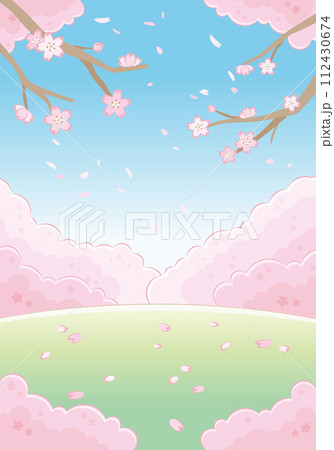 桜の花びらが舞う春の風景(縦) 桜の花びらが舞う春の風景(縦) 112430674