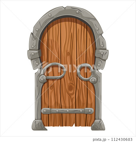 An old fairy-tale door with forged elements. An old fairy-tale door with forged elements. 112430683