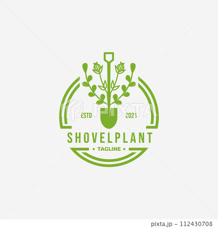 Green Shovel Environment Vintage Logo, Vector Illustration Design of Evergreen Catnip Garden Concept 112430708