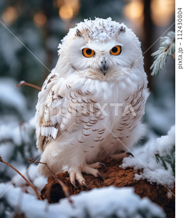 Close-up full body portrait of bird of prey, white snowy owl, sitting on tree branch in forest cowered snow and looking at camera 112430804