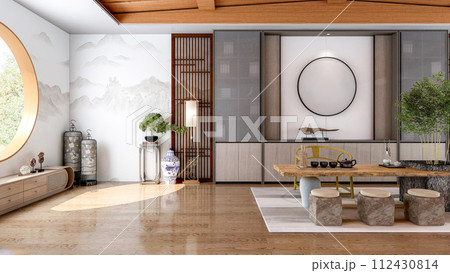 Interior of traditional Chinese style living room with furniture and wooden floor, 3d rendering Interior of traditional Chinese style living room with furniture and wooden floor, 3d rendering 112430814