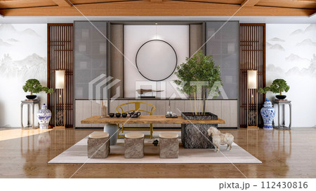 Interior of traditional Chinese style living room with furniture and wooden floor, 3d rendering 112430816