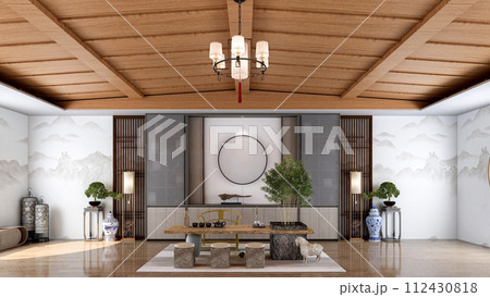 Interior of traditional Chinese style living room with furniture and wooden floor, 3d rendering Interior of traditional Chinese style living room with furniture and wooden floor, 3d rendering 112430818