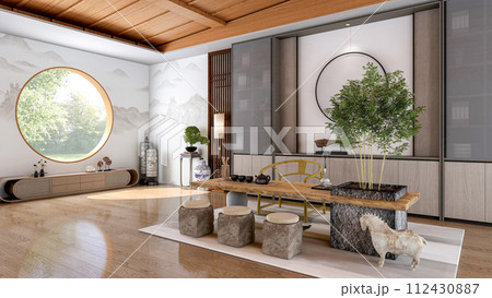 Interior of traditional Chinese style living room with furniture and wooden floor, 3d rendering 112430887
