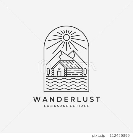 Emblem of Cabin Cottage Line Art Minimalist Logo Mountain Sunburst Vector Illustration Lake River Wave Design Emblem of Cabin Cottage Line Art Minimalist Logo Mountain Sunburst Vector Illustration Lake River Wave Design 112430899