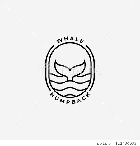 Minimal Emblem of Whale Tail Line Art Logo, Vector Illustration Design of Humpback Orca in Deep Water Ocean 112430933