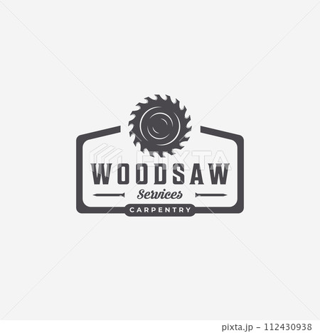 Flat Emblem of Carpenter Carpentry Vector Vintage Logo, Minimal Illustration Design of Wood Working Wood Saws Concept 112430938