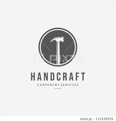 Emblem of Creative Hammer Tools Vector Vintage Logo, Illustration Design of Carpentry Carpenter Equipment Concept 112430939