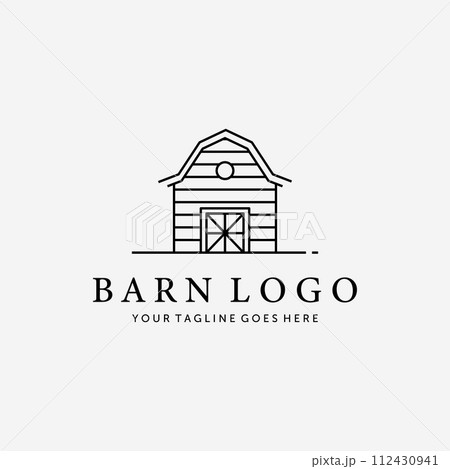 Wooden Barn House Line Art Vector Logo, Illustration Vintage Design of Cabin Cottage Old Red Barn Hut Concept 112430941