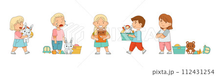 Little Boy and Girl Playing Toys in Playroom Vector Set 112431254