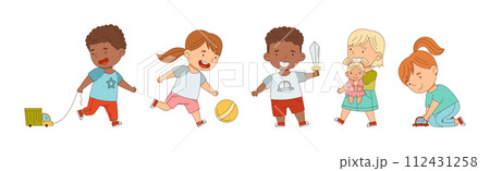 Little Boy and Girl Playing Toys in Playroom Vector Set 112431258