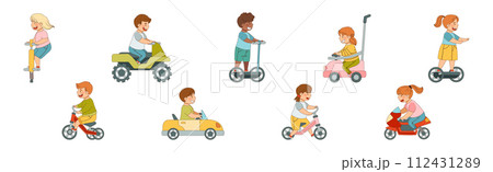 Children Ride Different Transport Enjoy Driving Vehicle Vector Set Children Ride Different Transport Enjoy Driving Vehicle Vector Set 112431289