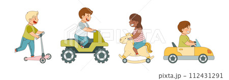 Children Ride Different Transport Enjoy Driving Vehicle Vector Set 112431291