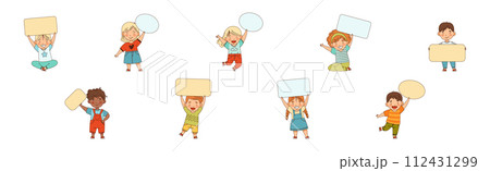 Smiling Kids Character Holding Empty Plaque or Signboard Vector Set 112431299