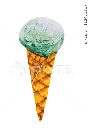 Mint or green tea ice cream scoop with cone watercolor 112431315