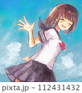 笑顔で手を振る女学生・青空・青春 112431432