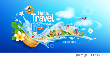 Songkran water festival travel thailand, flowers in a water bowl water splashing, Thailand tourism architecture, banner design Songkran water festival travel thailand, flowers in a water bowl water splashing, Thailand tourism architecture, banner design 112431527