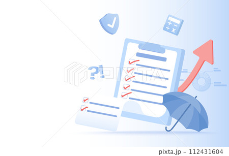 Business ideas and checklist concept. Schedule planning checklist, daily task, policy list, insurance, financial management, assignment to achieve success. Flat vector illustration with copy space. Business ideas and checklist concept. Schedule planning checklist, daily task, policy list, insurance, financial management, assignment to achieve success. Flat vector illustration with copy space. 112431604