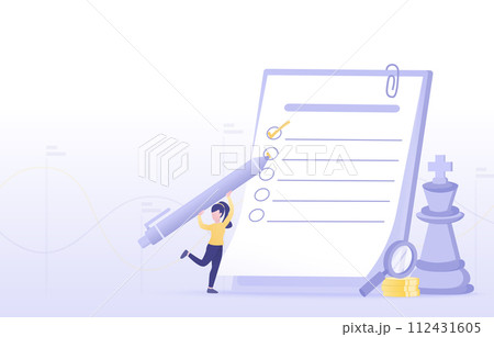 Business people checking checklist on clipboard. To do list, work plan, mission review and daily task. Flat vector design illustration with copy space. 112431605