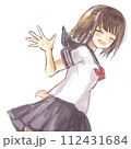 笑顔で手を振る女学生・背景なし 112431684