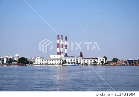 Industrial view of the city with pipes of heating stations 112431904