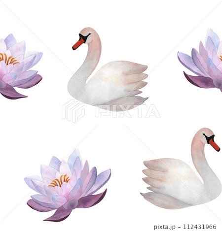 Watercolor swans and purple waterlilies seamless pattern Pastel bird flowers for textile, wrapping, paper childish clothes, baby decor 2024, wallpaper spa Delicate print on white background Watercolor swans and purple waterlilies seamless pattern Pastel bird flowers for textile, wrapping, paper childish clothes, baby decor 2024, wallpaper spa Delicate print on white background 112431966