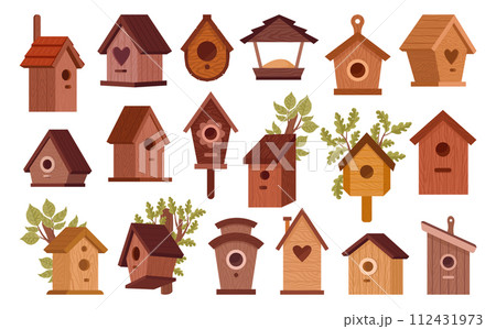 Cartoon birdhouses. Wooden handmade bird house with feeders, cute birds nests on trees flat vector illustration set. Nesting boxes for birds 112431973